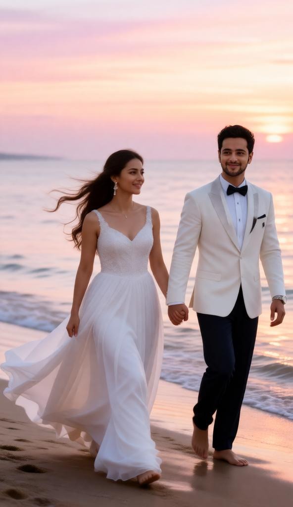 couple walking on beach after wedding.