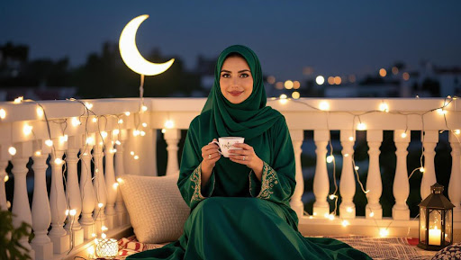 Woman in emerald green hijab sitting on balcony with fairy lights.