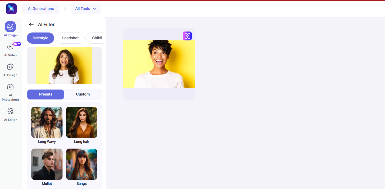 LightX interface showing hairstyle change using AI presets