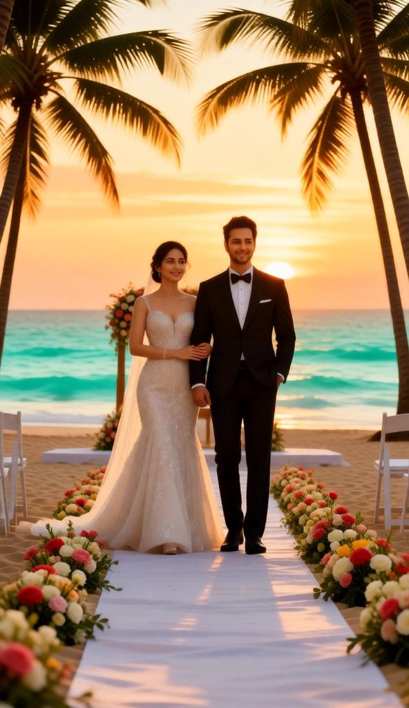 destination beach wedding with ocean view where the couple is walking. 