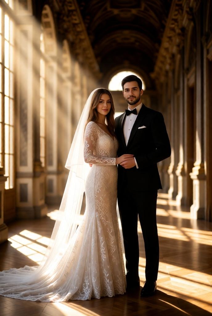 couple portrait in palace corridor.
