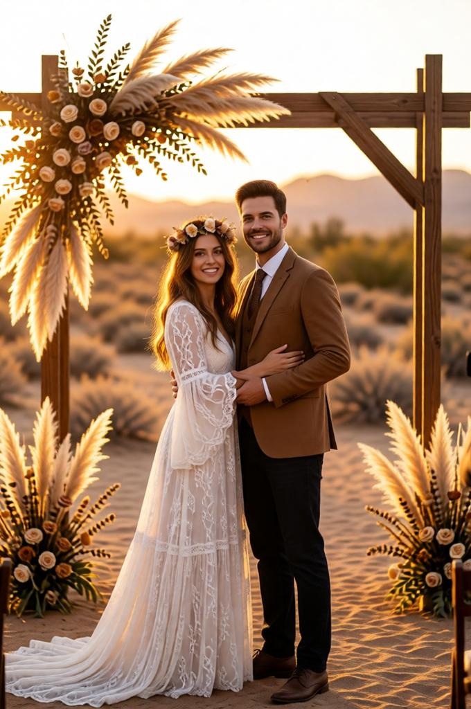 bohemian desert wedding ceremony of a couple. 