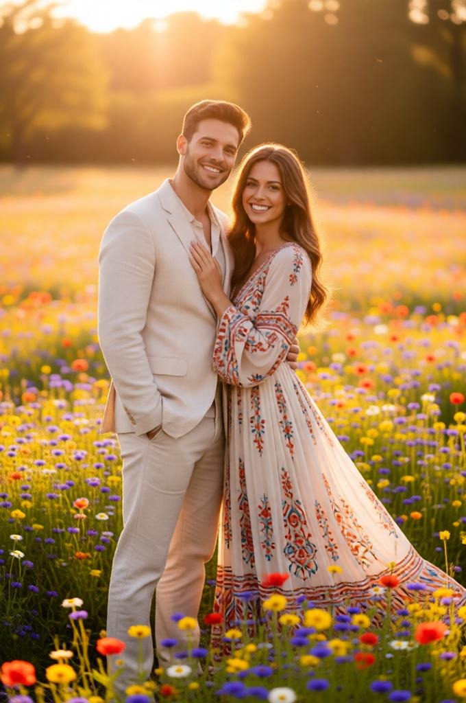 boho couple portrait in wildflower meadow.