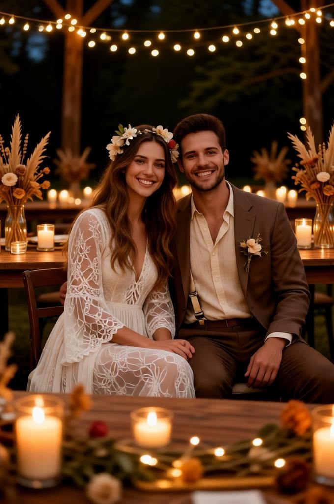 bohemian wedding reception of a couple with fairy lights.