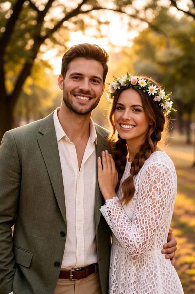 boho bride and groom portrait under trees.