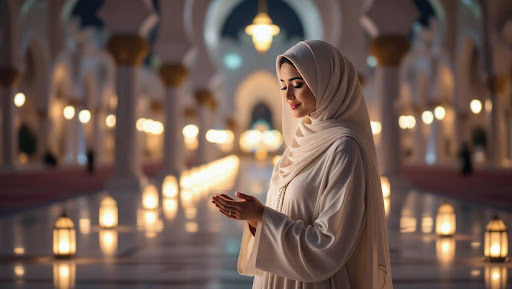 Woman in ivory abaya inside illuminated mosque at night