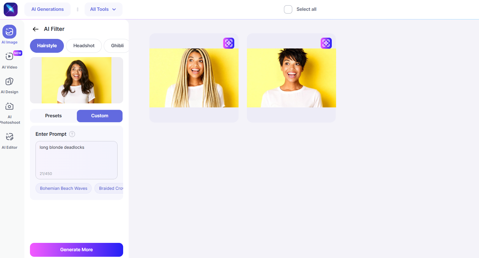 LightX interface showing hairstyle change using text prompts