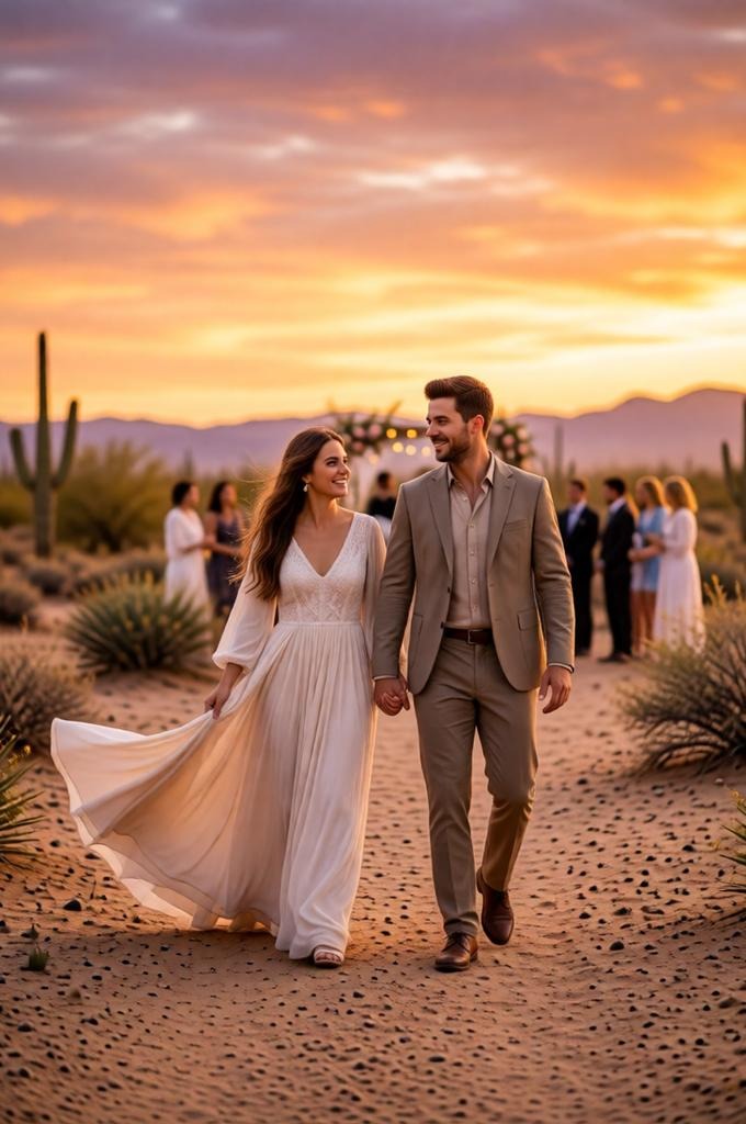 bohemian couple walking in the desert.