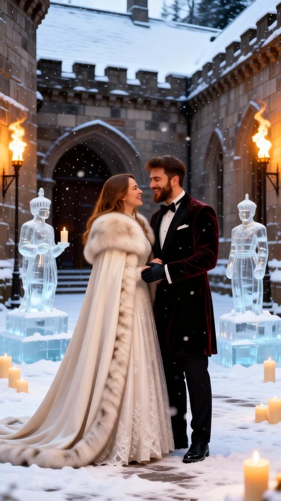 winter wedding of a couple in snowy castle courtyard.