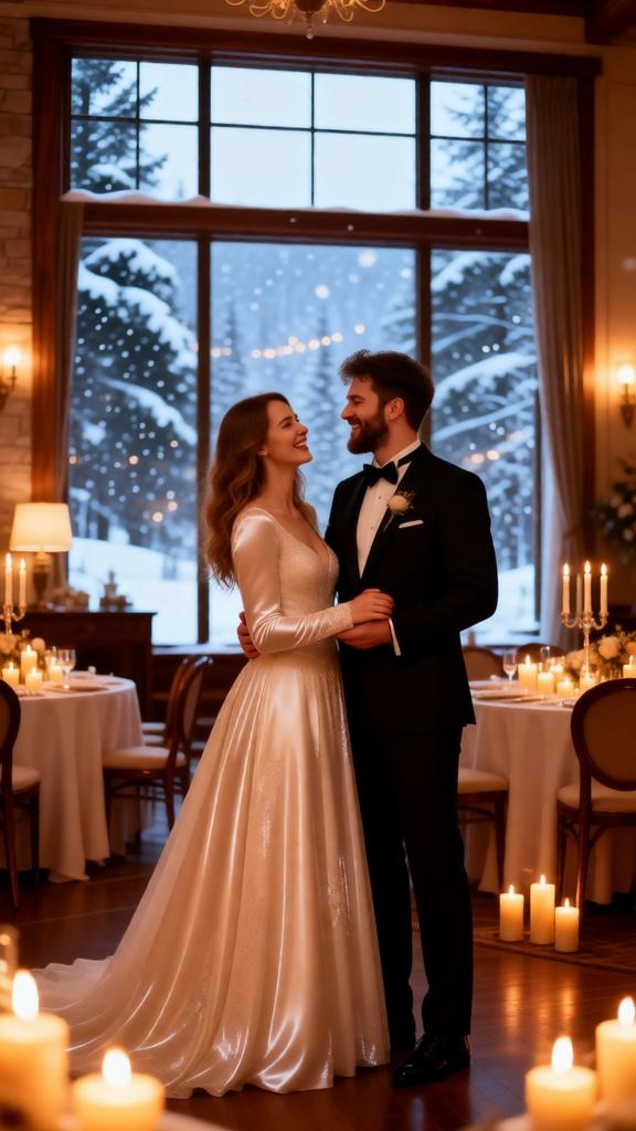  luxury winter wedding of a couple with candles & warm lights. 