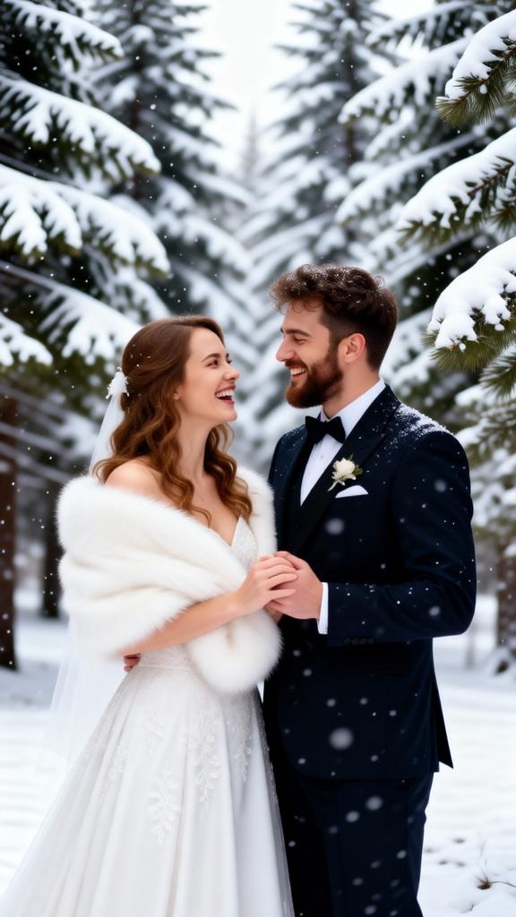 winter wedding portrait under snowy trees.