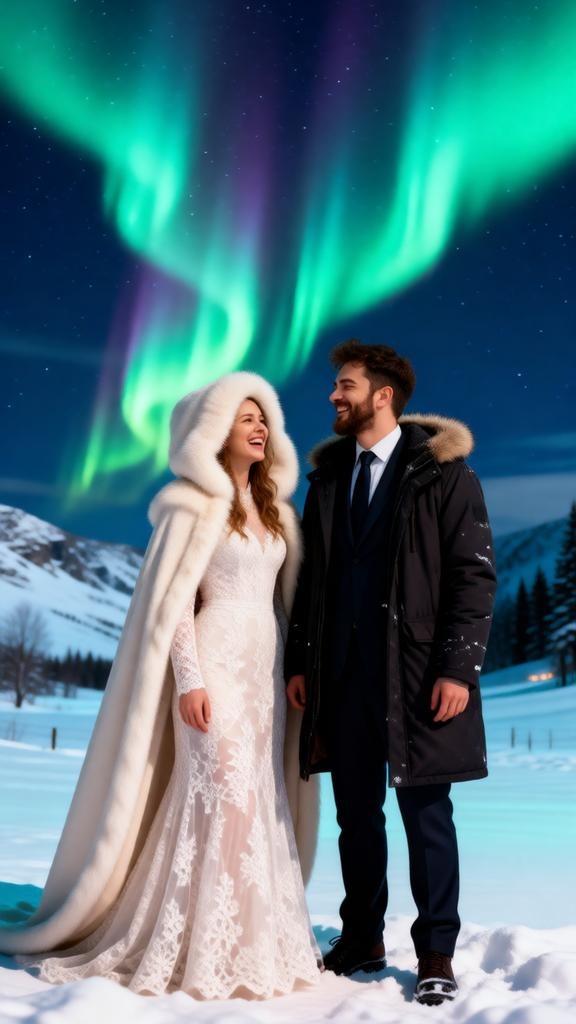 winter wedding of a couple under northern lights.