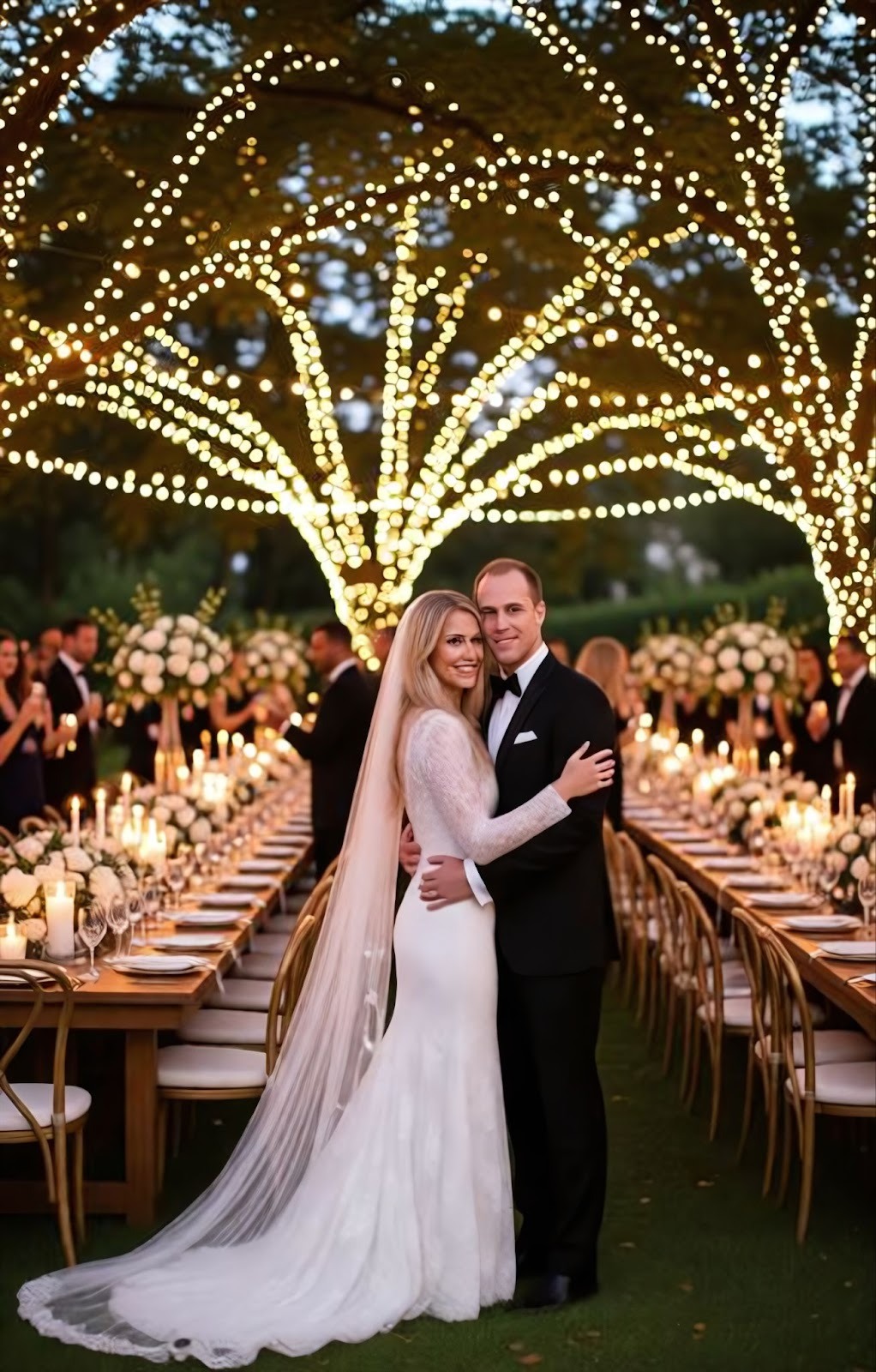 garden wedding reception of a couple with fairy lights.