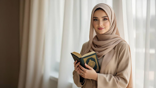 Woman in beige modest suit holding Quran near window light.