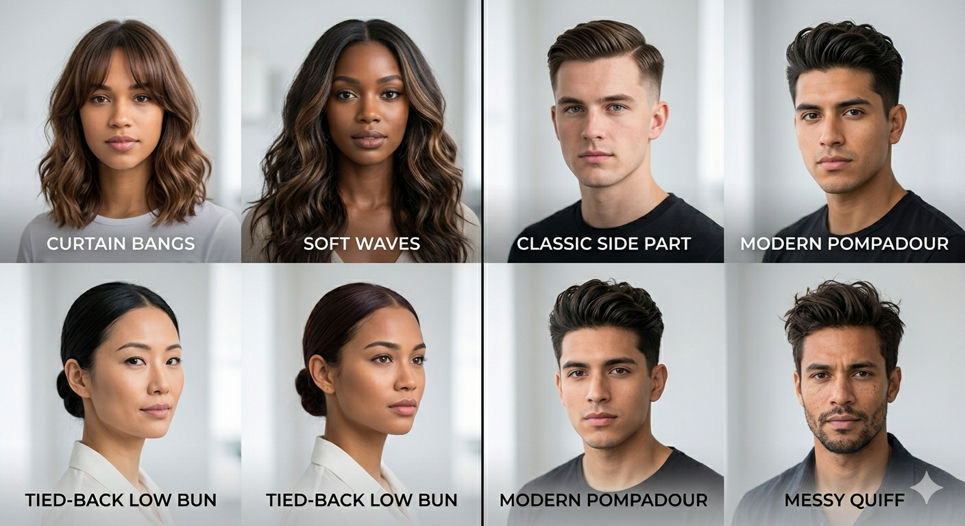 A hairstyle lookbook grid featuring professional side parts, pompadours, soft waves, and sleek low buns for men and women.