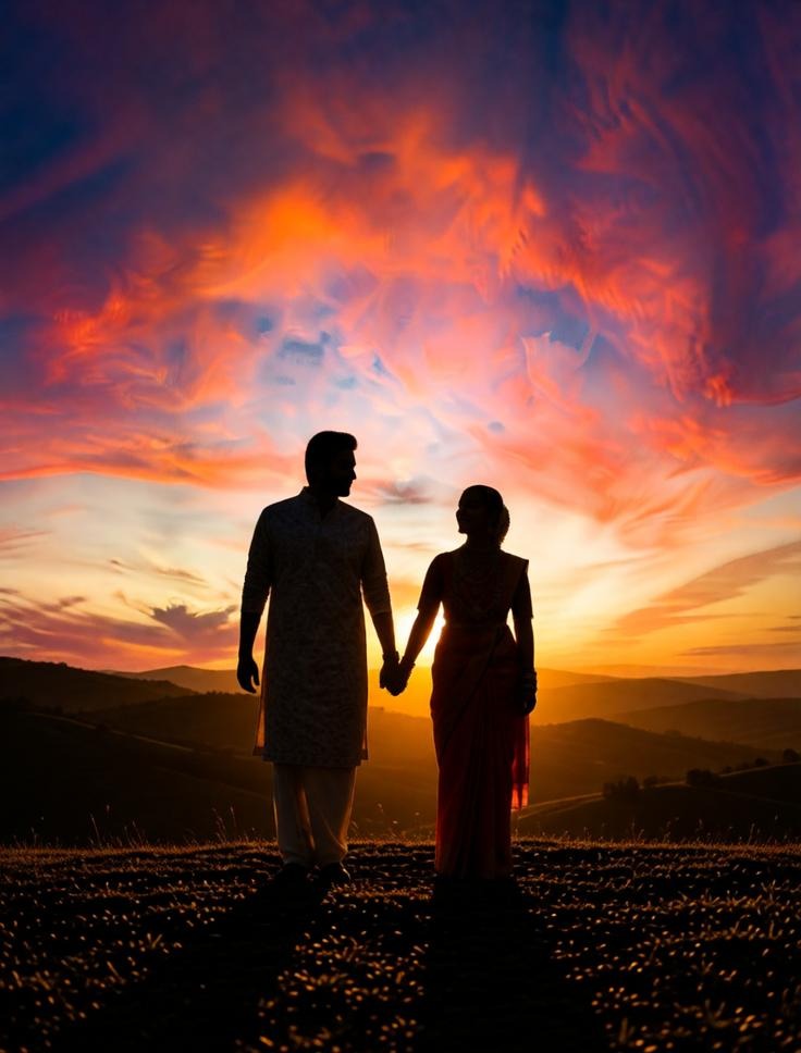 couple sunset silhouette on hill.