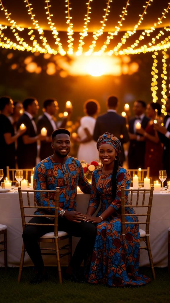 sunset wedding reception with fairy lights.