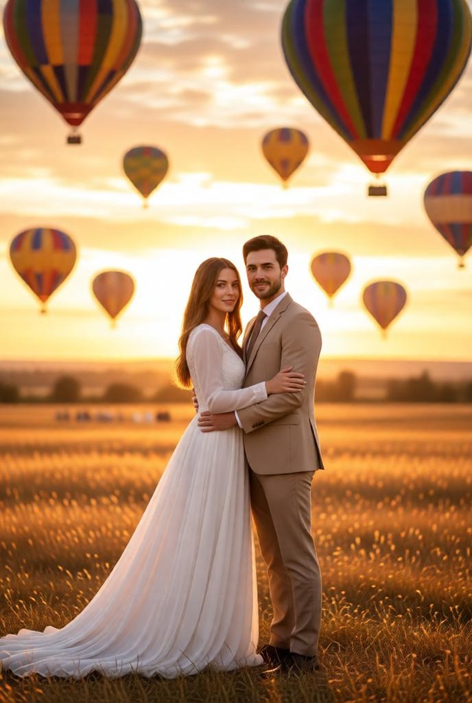 adventure wedding of a couple with hot air balloons at sunset.