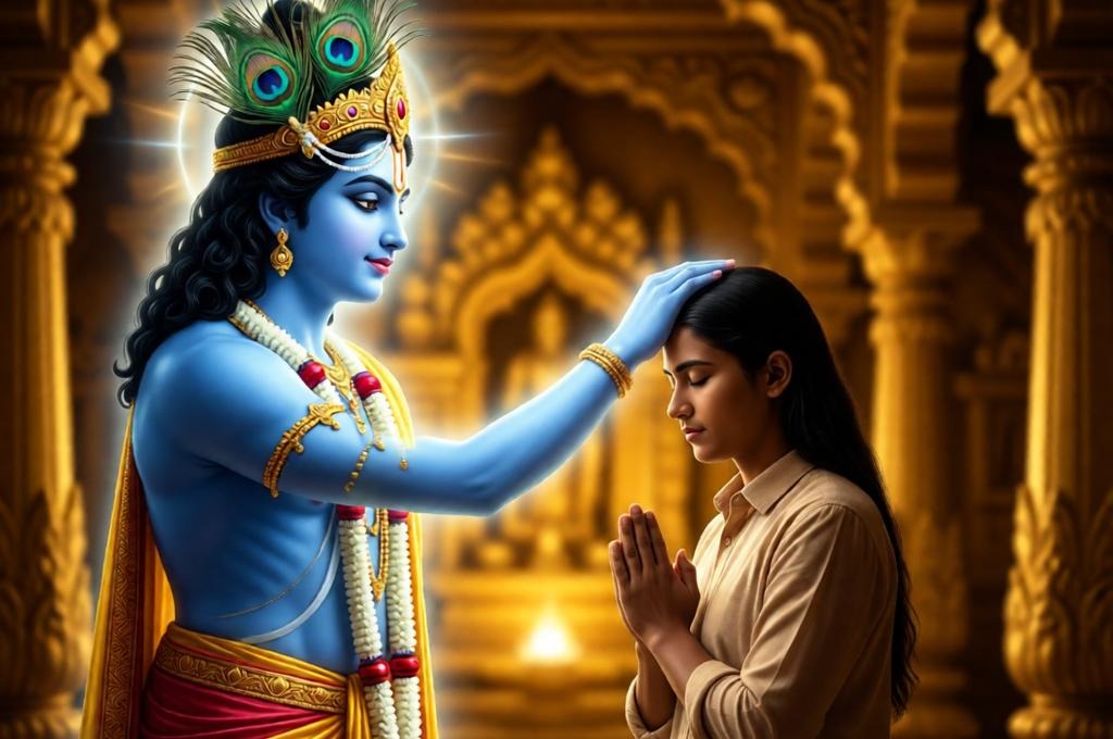 person receiving blessing from Lord Krishna with hand on head glowing aura temple lighting folded hands closed eyes spiritual scene.