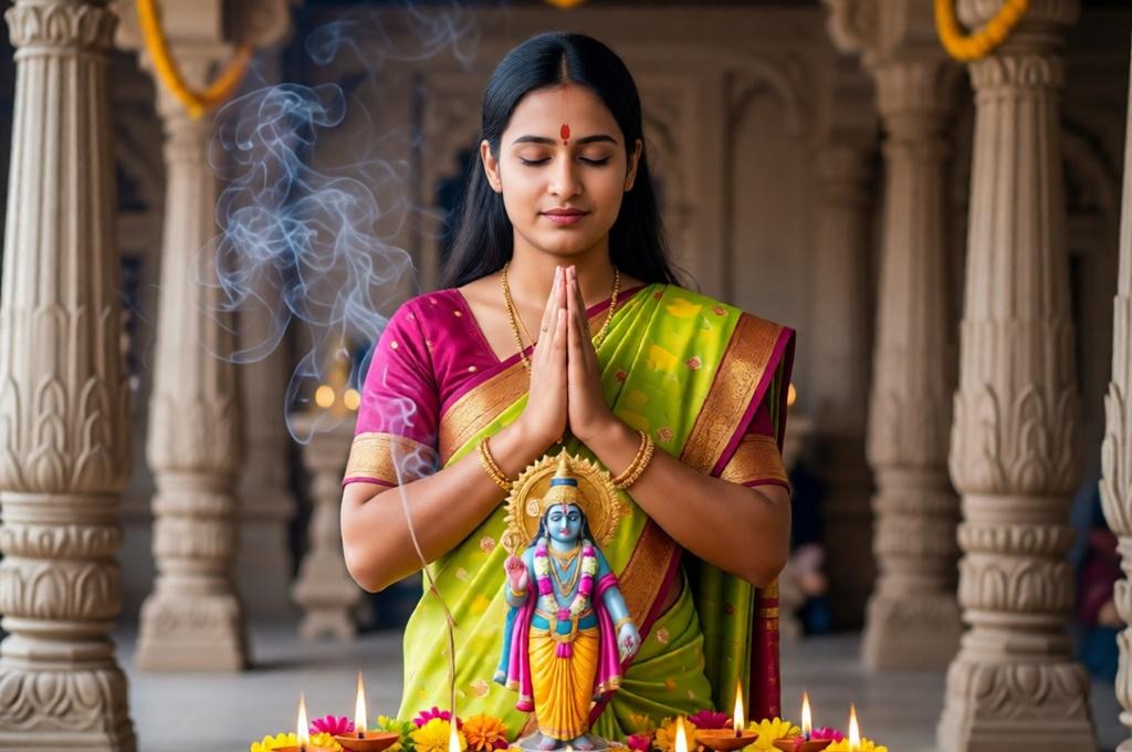 person praying with folded hands in temple with Krishna idol diya smoke flowers traditional clothes face unchanged identity preserved.