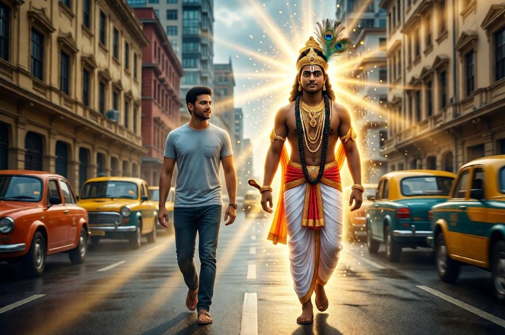 person walking beside Krishna on city street with buildings cars road side by side motion step identity preserved face unchanged.
