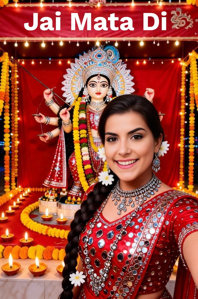 An Indian woman taking a Navratri selfie in a pandal with a Durga idol and diyas.

