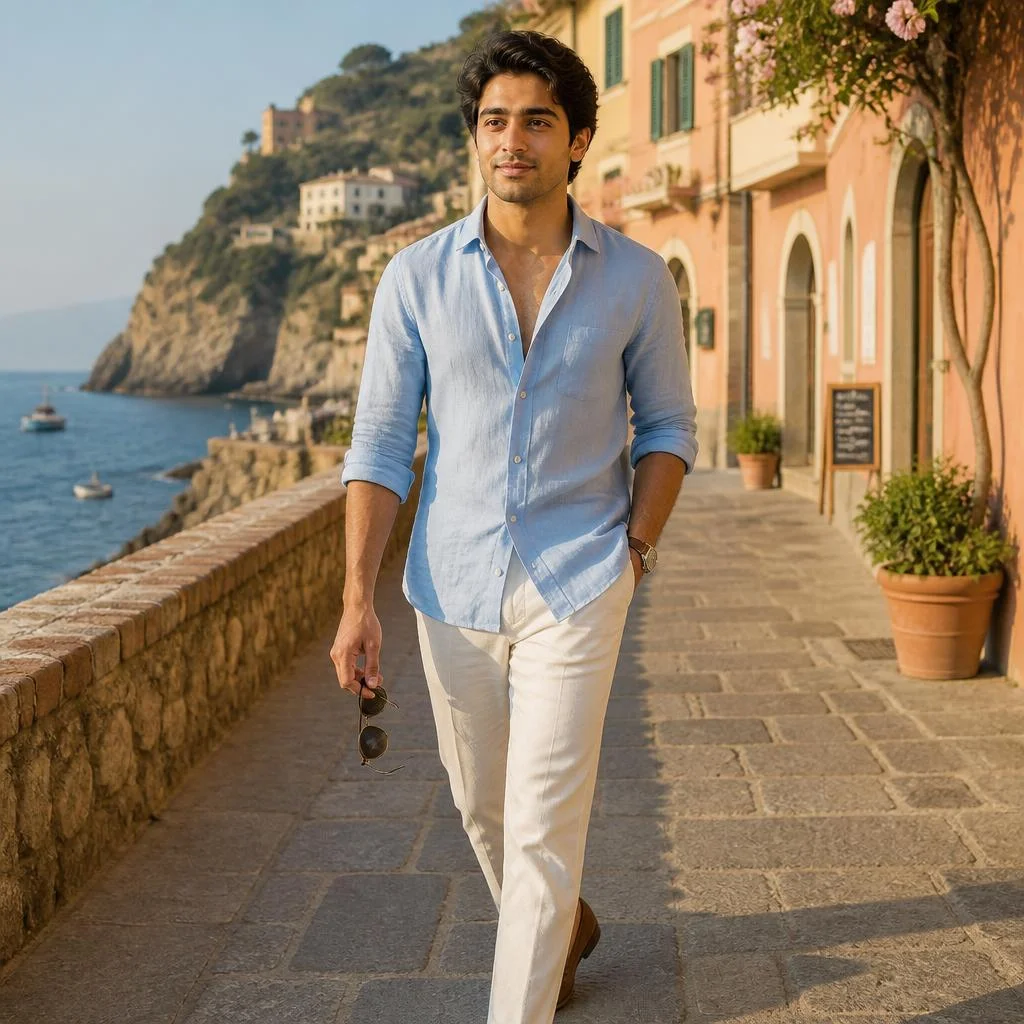 A stylish young man walking along a quiet Mediterranean coastal village, wearing a light blue linen shirt with sleeves rolled up, off-white trousers and brown loafers, carrying sunglasses in one hand, pastel buildings and ocean visible in the background, bright late-afternoon sunlight, gentle sea breeze moving his shirt, candid walking pose, sophisticated vacation photography, natural colors, realistic skin and clothing texture, editorial composition.