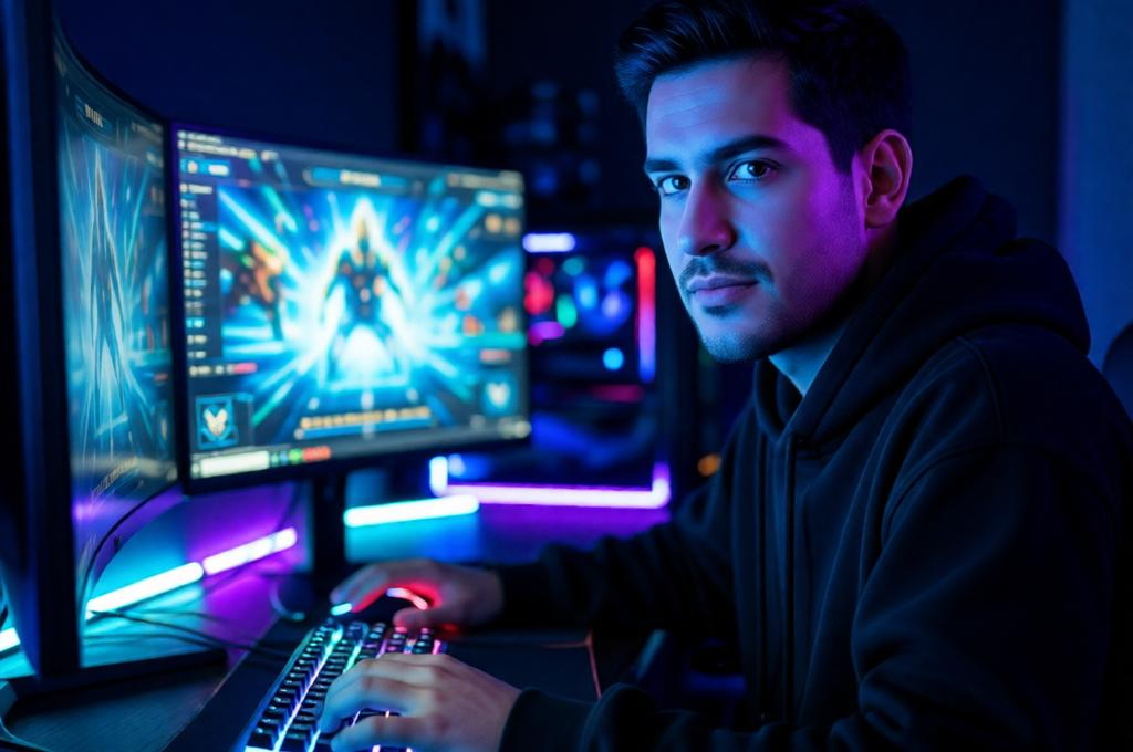Young man in a dark gaming room, face lit by blue-purple monitor glow, RGB keyboard, neon hoodie