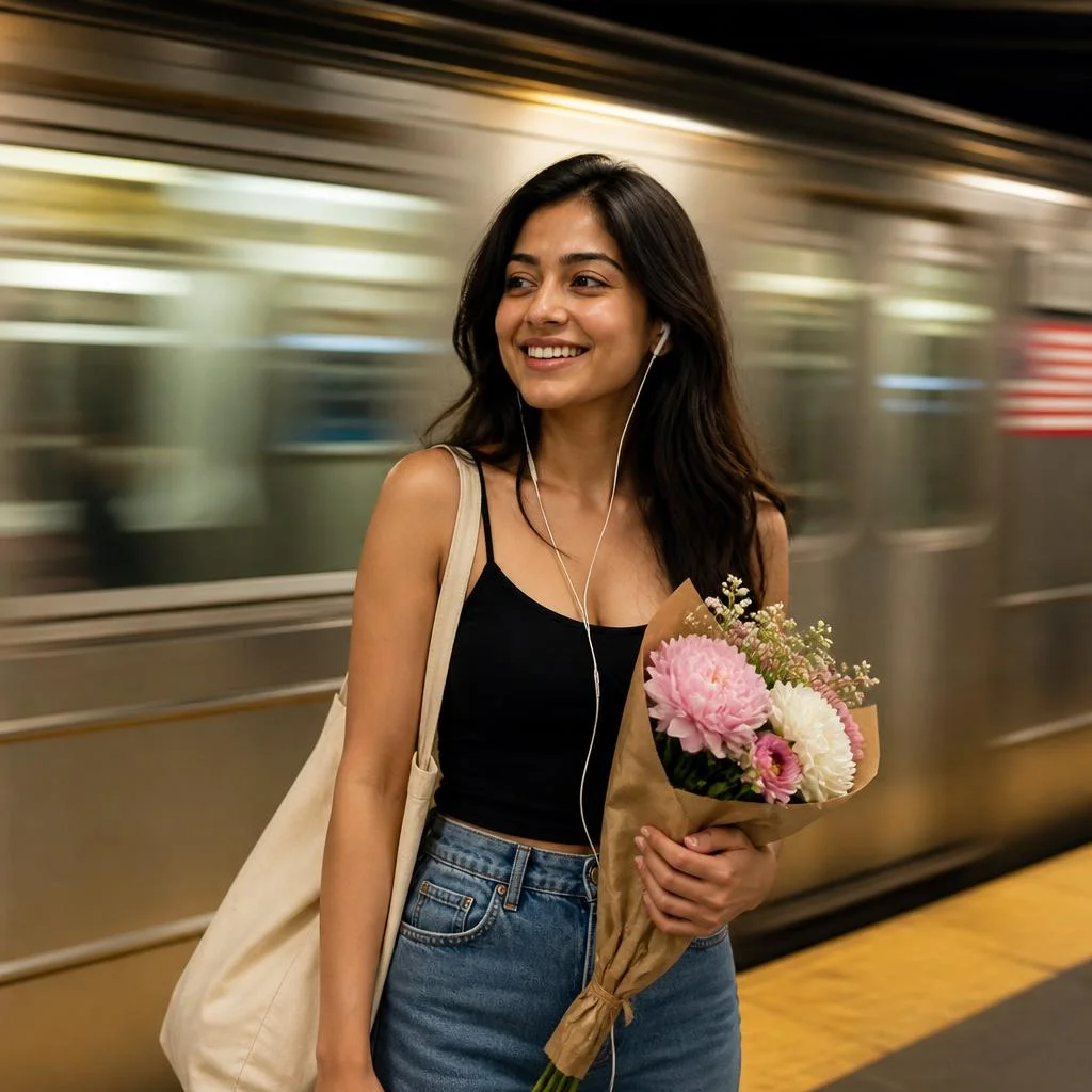 A cinematic candid photograph of a young adult woman standing on a subway platform wearing a black camisole, high-waisted relaxed blue jeans and a cream canvas tote bag. She holds a colorful bouquet of pink and white flowers and wears wired earphones. A moving subway train passes behind her, producing strong horizontal motion blur while she remains sharply focused. She laughs naturally while looking to the side. Warm fluorescent station lighting, subtle film grain, realistic street photography, dynamic shutter-speed effect, editorial urban lifestyle photograph.