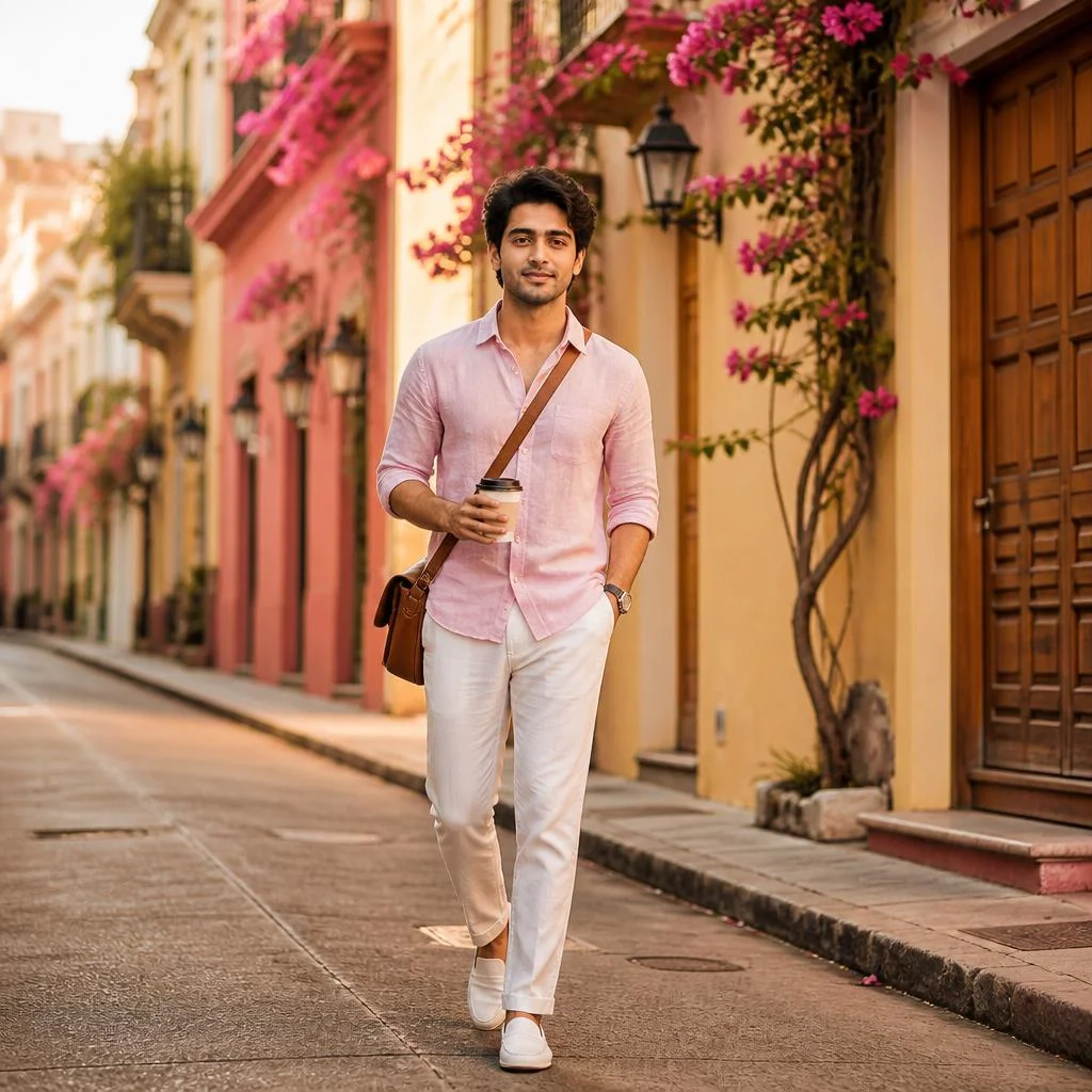 Colorful European/Colonial Street — Pink Shirt