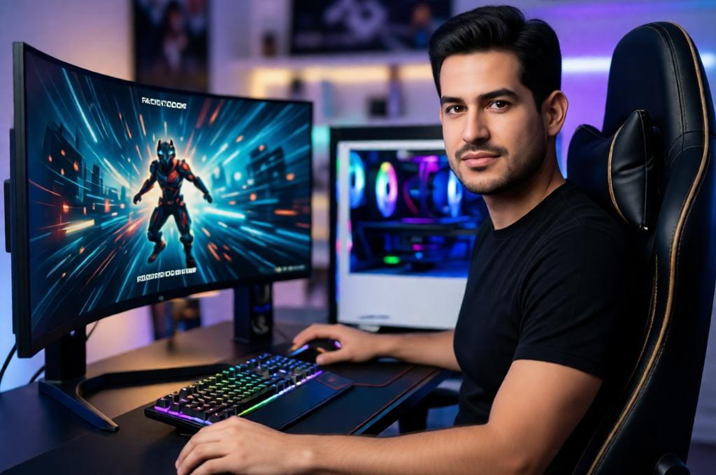 Man in a high-end gaming chair at a clean premium setup with mechanical keyboard and large monitor