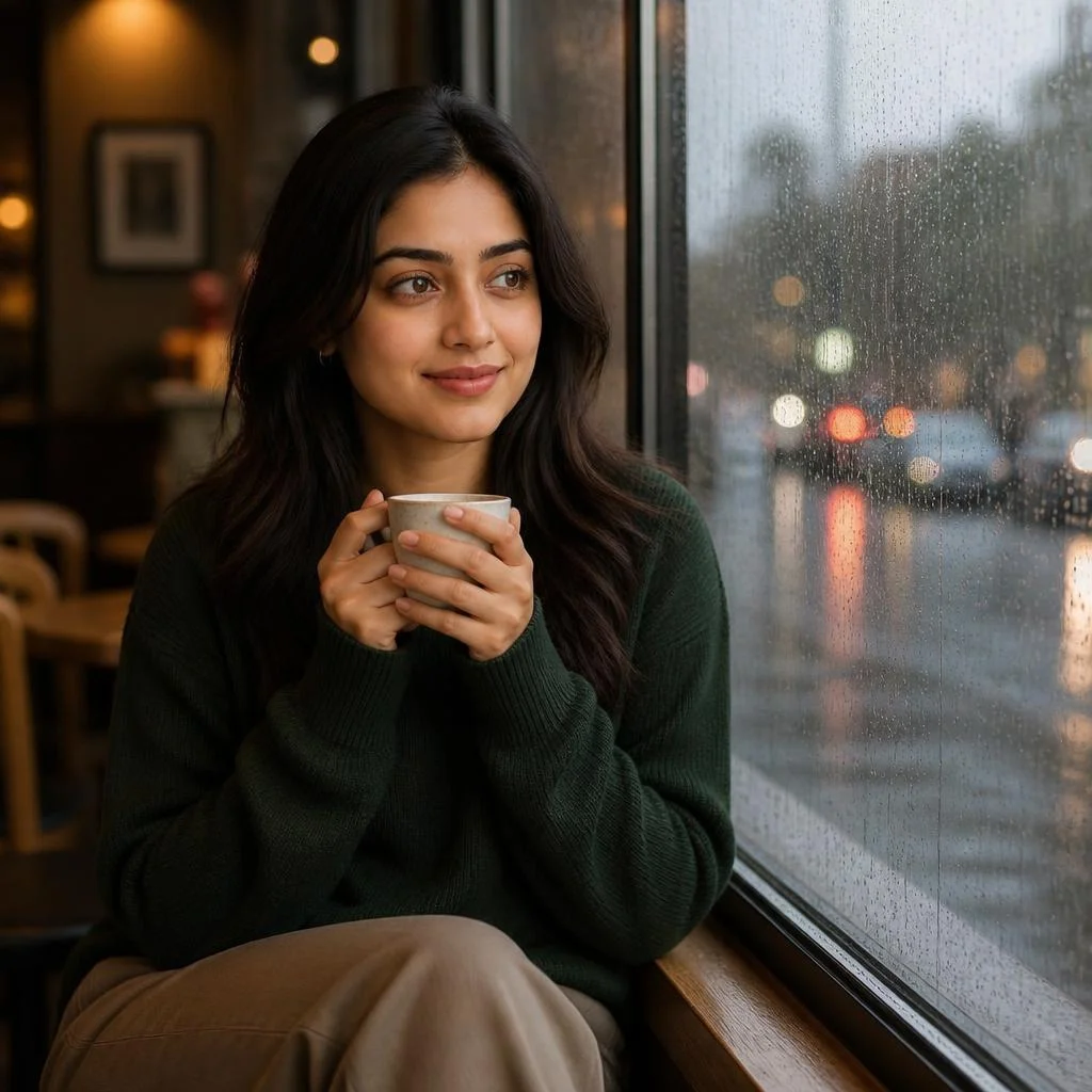 A young woman sitting beside a large café window on a rainy afternoon, wearing a dark green sweater and relaxed trousers, both hands wrapped around a warm coffee cup, rain droplets visible on the glass, blurred city lights outside, thoughtful natural expression, warm interior lighting, cinematic candid photography, realistic atmosphere.