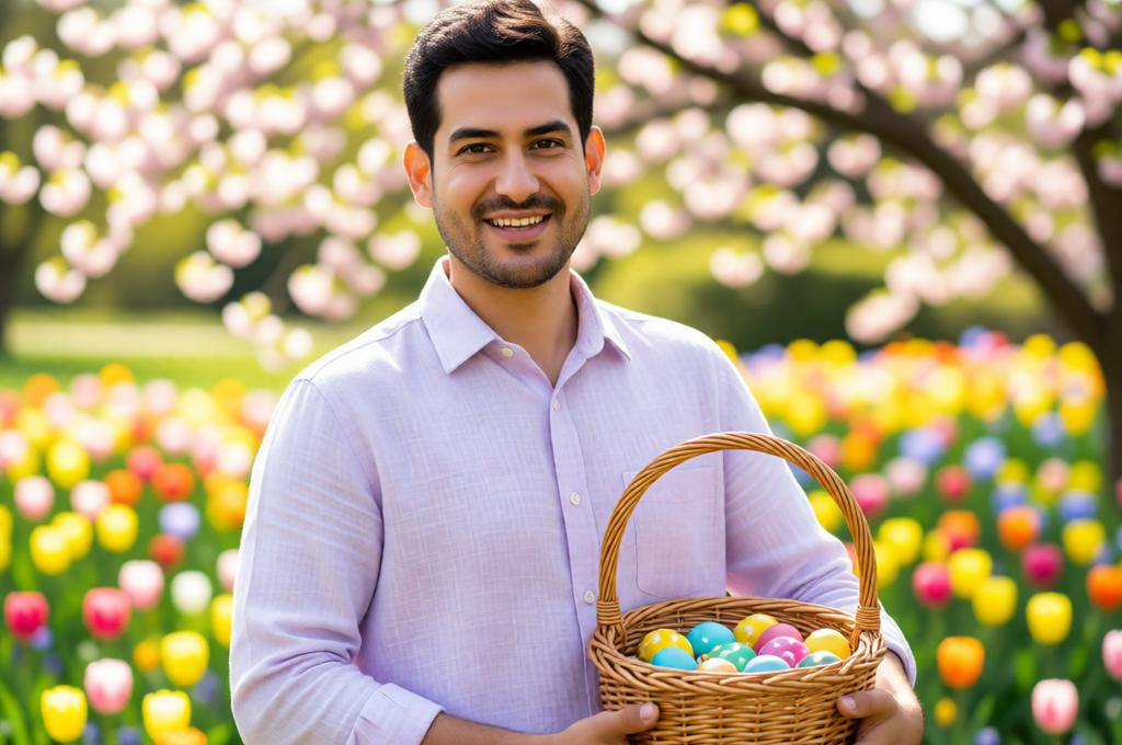 Man in a pastel Easter outdoor scene with a wicker basket, bright spring morning, garden setting