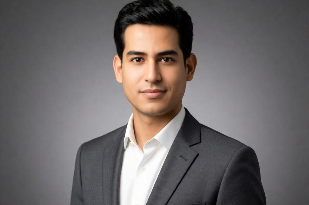 Man in a suit against a plain grey backdrop, professional headshot lighting, clean and sharp