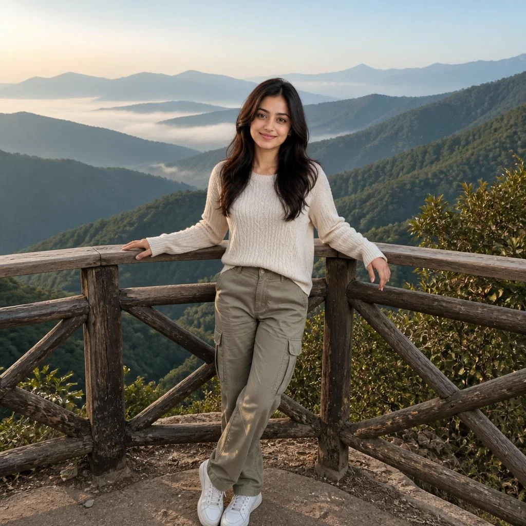 A young woman standing at a quiet mountain viewpoint, wearing a cream knit sweater, relaxed cargo pants and sneakers, hands resting casually on a wooden railing, layered green mountains and mist behind her, soft early-morning sunlight, natural wind in her hair, authentic travel photograph, realistic colors, wide environmental composition.