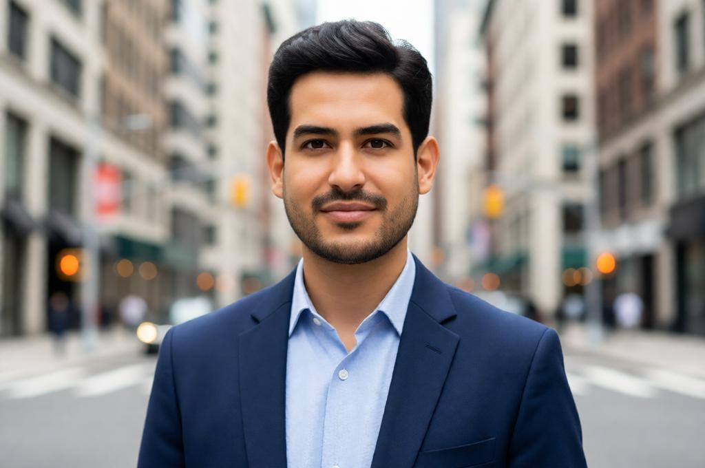 Man in a smart blazer standing outdoors on a city street, natural sunlight, editorial headshot