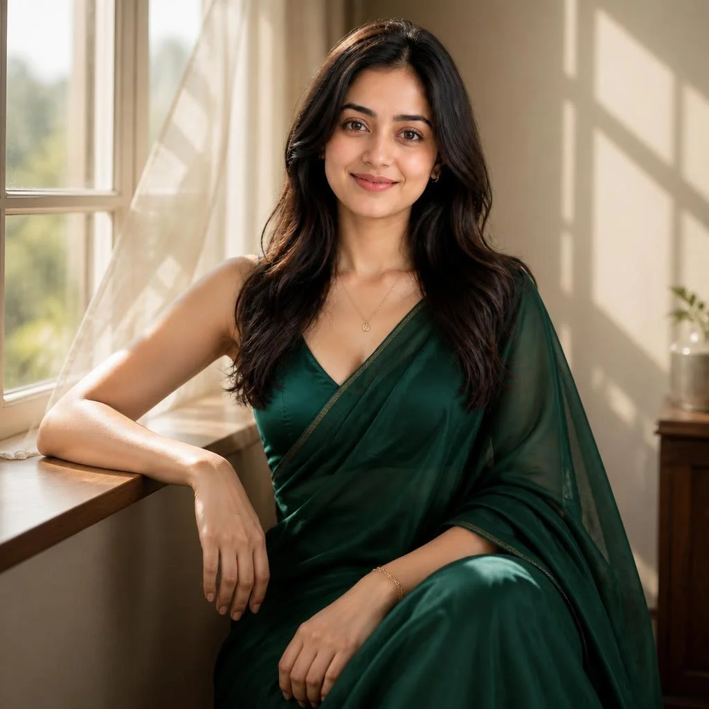 A young woman sitting beside a large sunlit window wearing a deep emerald-green saree with subtle traditional jewelry, casually resting one arm on the window ledge, soft curtains moving in the breeze, warm natural sunlight creating delicate shadows across the room, calm confident expression, elegant editorial photography, realistic skin texture, understated composition.