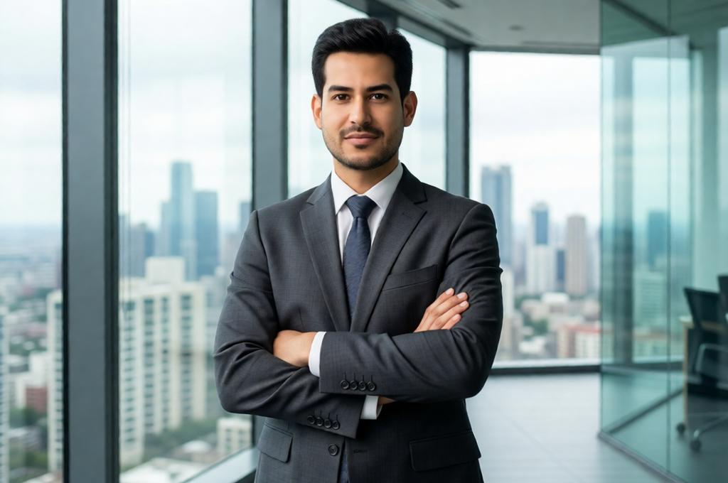 Man in a sharp suit standing in a glass office, arms crossed, powerful stance, city behind him