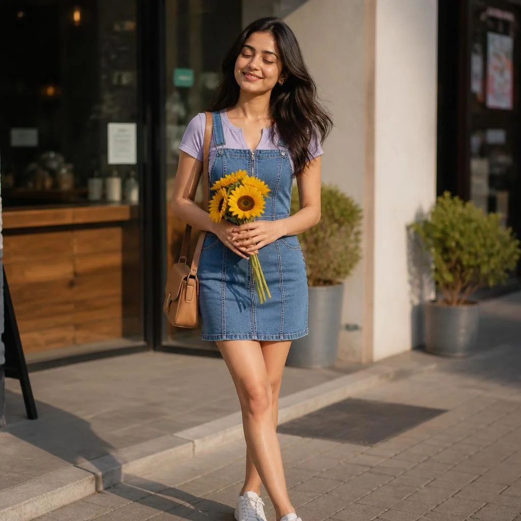 A candid lifestyle fashion photograph of a young adult woman wearing a fitted blue denim pinafore dress over a simple top, carrying a tan shoulder bag and holding a small bouquet of bright yellow sunflowers. She is standing outside a modern storefront, smiling naturally with her eyes closed, relaxed joyful expression, warm afternoon daylight, subtle wind moving her hair, shallow depth of field, softly blurred urban background, realistic skin texture, natural colors, premium Instagram fashion photography, 50mm lens, f/2, full-body composition.