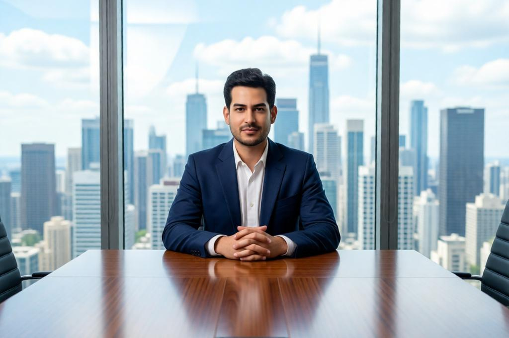 Young CEO behind a large desk in a corner office, city view window, commanding presence
