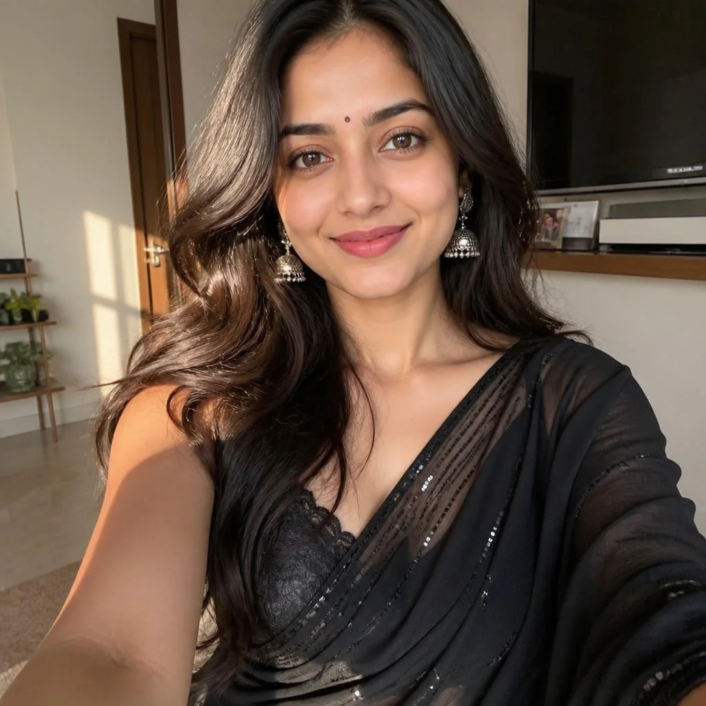 A close-up candid smartphone selfie of a young adult woman wearing an elegant black saree with subtle shimmering detailing and a black lace blouse. Long voluminous wavy dark hair frames her face, traditional silver jhumka earrings, small bindi, natural makeup. She looks directly toward the camera with a soft confident smile while sunlight creates warm highlights across her hair and face. Cozy indoor home setting in the background, warm afternoon sunlight, authentic smartphone photography, realistic skin texture, slightly imperfect natural framing.