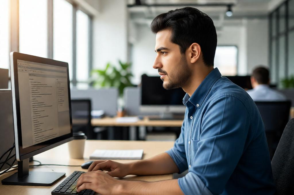 Man typing at a desk in a modern open-plan office, side profile, candid mid-work shot