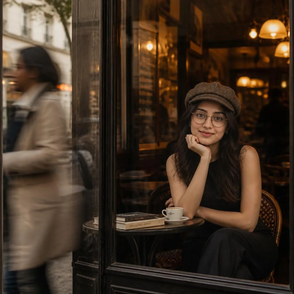 A cinematic street-style photograph of a young adult woman sitting alone inside a cozy Parisian-style café beside a large glass window. She wears a black sleeveless top, dark trousers, round eyeglasses and a textured brown newsboy cap, resting her chin gently on one hand. A small coffee cup and books sit on the table. Warm amber café lighting glows behind her while pedestrians pass outside, creating strong foreground motion blur through the window. Moody brown and golden tones, shallow depth of field, candid street photography, film-like texture, 50mm lens.