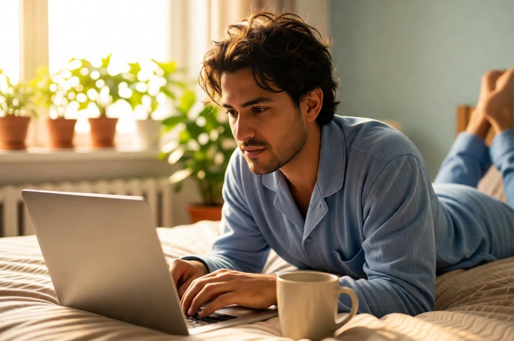 Man on a laptop at a home desk, comfy casual setup, coffee cup beside him, morning light