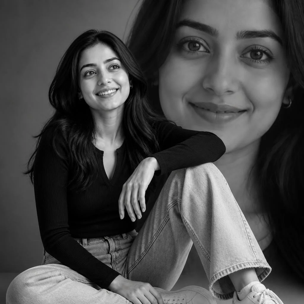 A sophisticated black-and-white studio portrait of a young adult woman sitting casually on the floor wearing a fitted black long-sleeve top and light-wash relaxed jeans. She sits with one knee raised and laughs naturally while looking slightly upward. Behind her is a large monochrome close-up portrait of her face, creating a layered photographic composition. Soft diffused studio lighting, high contrast monochrome tones, realistic skin texture, elegant editorial photography, subtle film grain, artistic fashion campaign aesthetic.