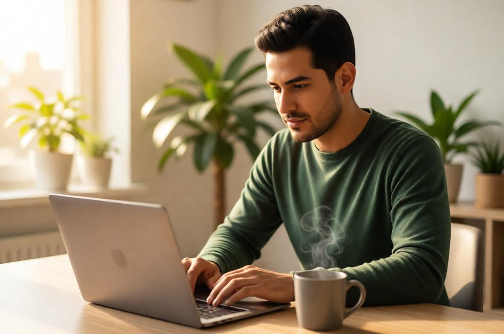 Man with a laptop in a cafe window seat, focused, working independently, afternoon light
