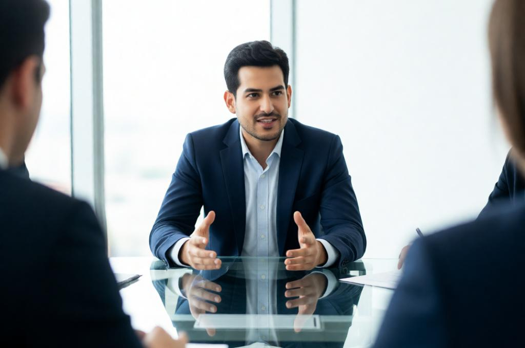 Man in a business meeting at a glass table, leaning in, engaged in discussion with others