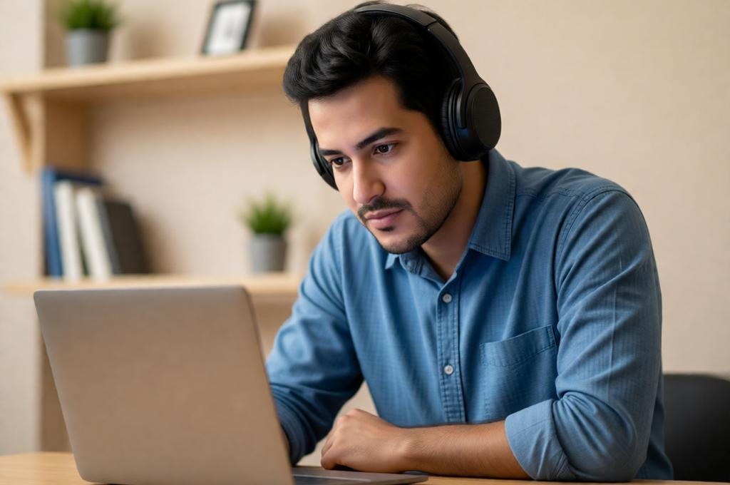 Man on a work video call at a desk, slightly leaning toward the screen, casual at-home setup