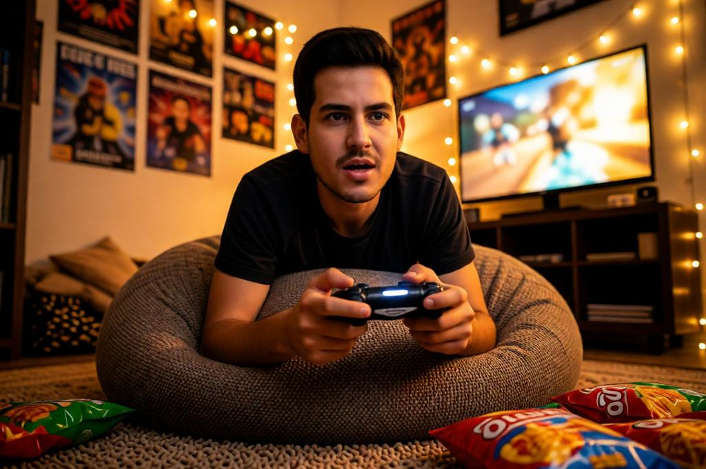 Teen boy slouched on a bean bag playing PlayStation in a cosy, cluttered bedroom at night