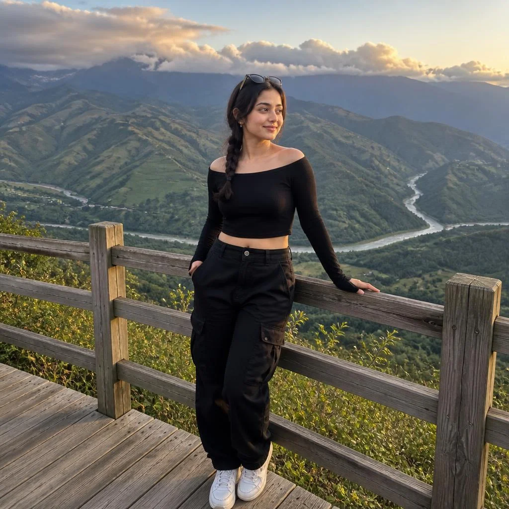 A realistic travel photograph of a young adult woman standing on a wooden mountain viewpoint wearing a fitted black long-sleeve off-shoulder crop top, high-waisted loose black cargo trousers and casual white sneakers. Her long dark hair is styled in a loose braid, with sunglasses resting on top of her head. She stands casually against a wooden railing, one hand in her pocket, looking toward the valley. Dramatic green mountains, winding river and layered clouds in the background, soft golden evening sunlight, natural outdoor photography, full-body composition.